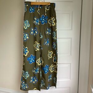 Marni Relaxed Wide-Fit Pants — Flower Print — in Olive